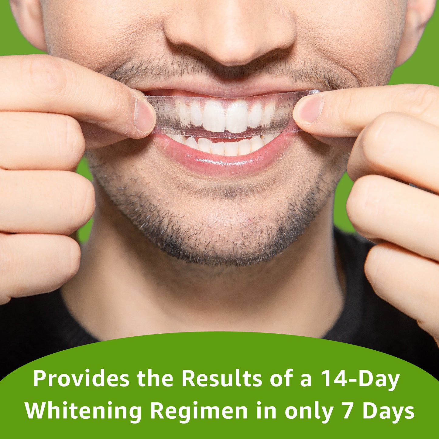 Provides the results of a 14-day whitening regimen in only 7 days