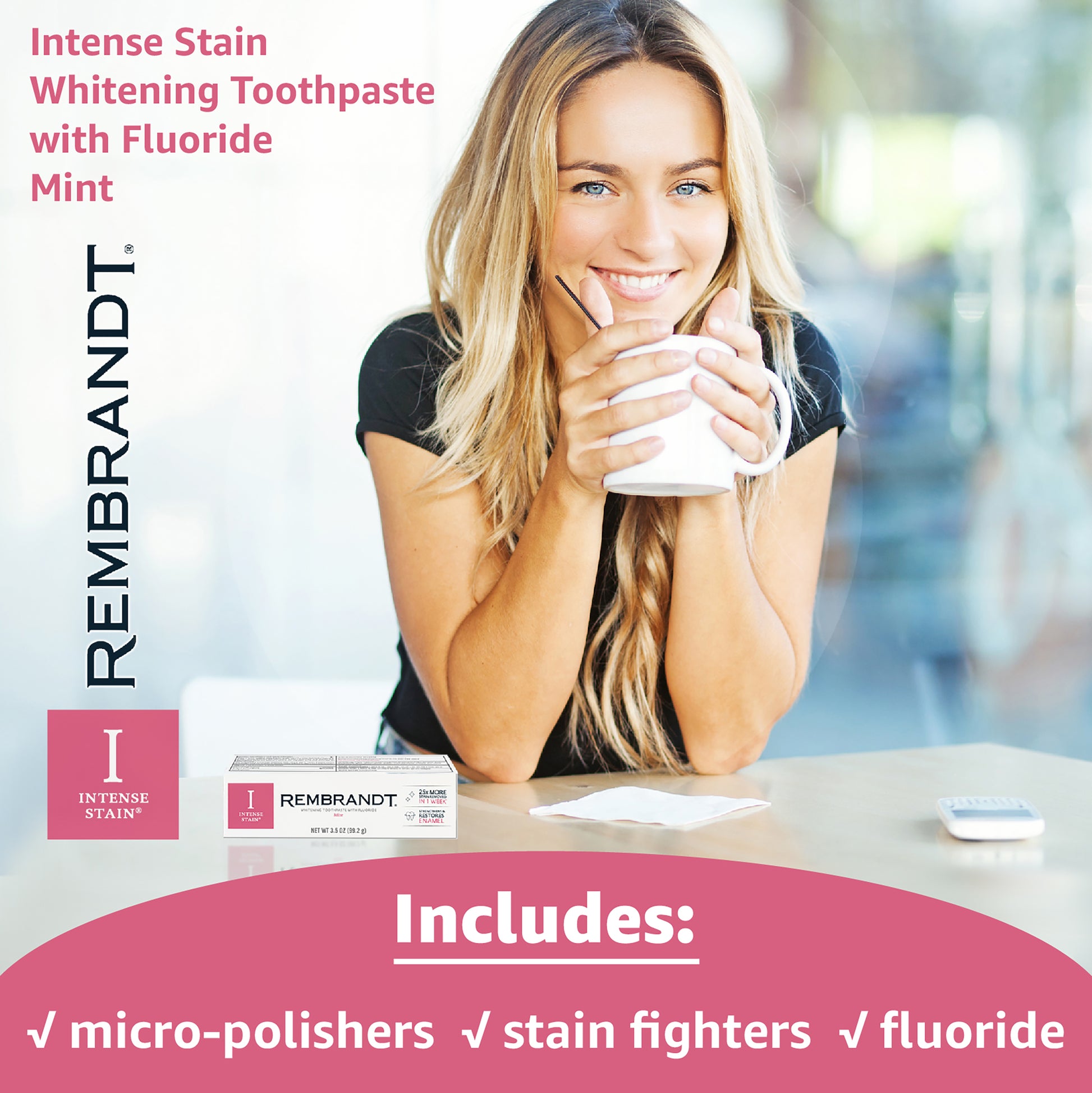 Intense Stain Whitening Toothpaste with Fluoride, Mint, includes micro-polishers, stain fighters, fluoride